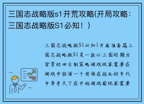 三国志战略版s1开荒攻略(开局攻略：三国志战略版S1必知！)