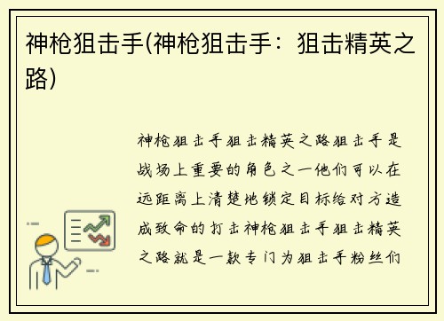 神枪狙击手(神枪狙击手：狙击精英之路)